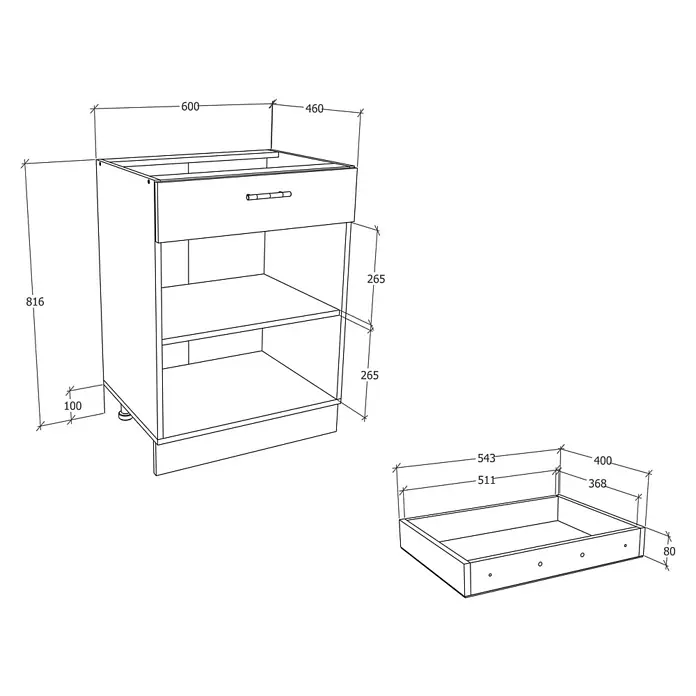 VCM Esilo Unterschrank Typ 4 - L x B x H: 46 x 60 x 82 cm, Sonoma-Eiche - Abbildung eines Küchenunterschranks mit Schublade und offenen Regalen, inklusive Bemaßungen für Planung.