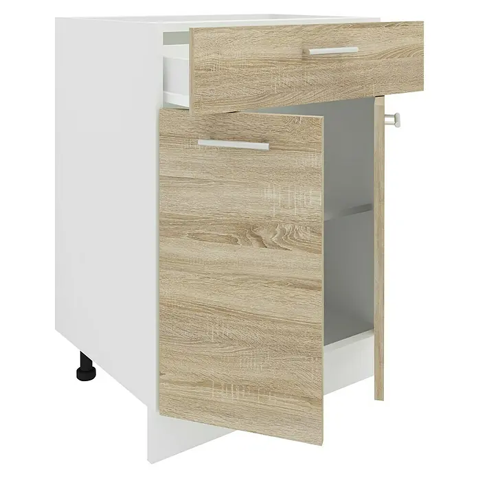 VCM Esilo Unterschrank Typ 4 - L x B x H: 46 x 60 x 82 cm, Sonoma-Eiche - Ein Küchenschrank mit einer Schublade und einer Tür, beide mit Holzstruktur und weißen Griffen, sowie weißen Seitenwänden.