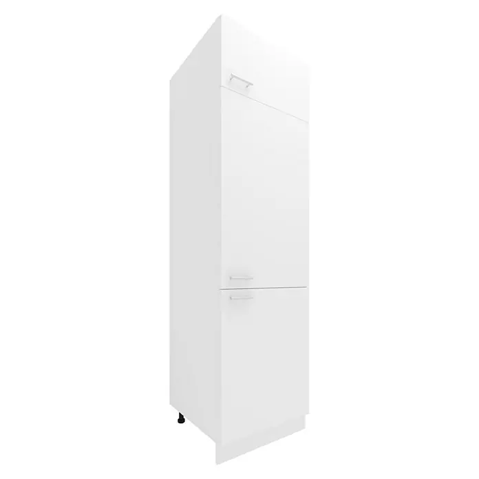 VCM Esilo Hochschrank - 57 x 60 x 207 cm, Weiß - Ein schlanker, weißer Hochschrank mit zwei Türen und dezenten Griffen, ideal für moderne Wohnräume.\n