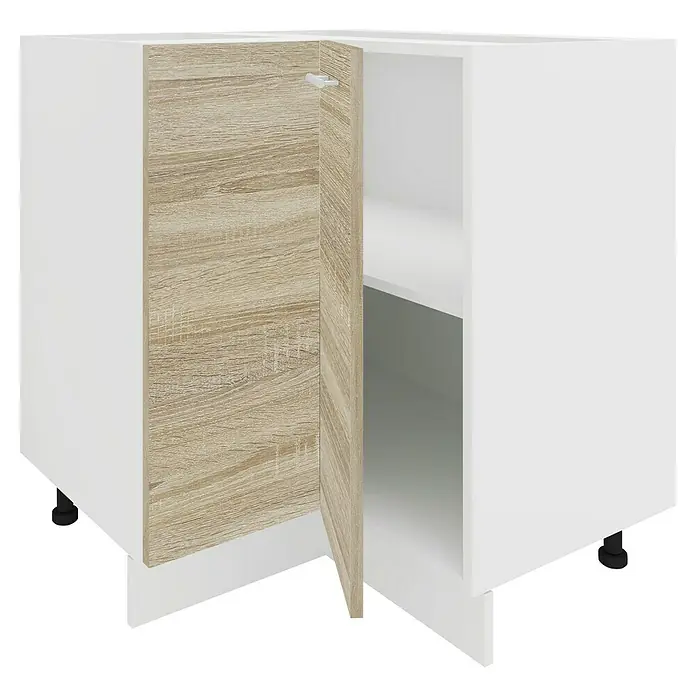 VCM Esilo Eck-Unterschrank - L x B x H: 76 x 76 x 82 cm, Sonoma-Eiche - Ein offener weißer Küchenschrank mit einer Tür in Holzoptik, die einen Einblick in das Innere mit Regalböden ermöglicht.