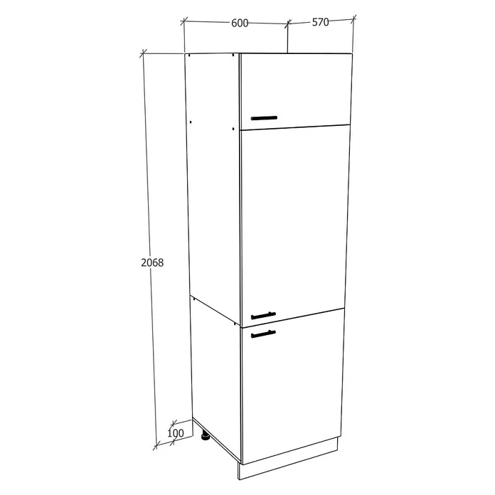 VCM Esilo Hochschrank - 57 x 60 x 207 cm, Weiß - Abbildung eines Küchenschranks mit zwei Türen und Griffen, sowie Größenangaben.