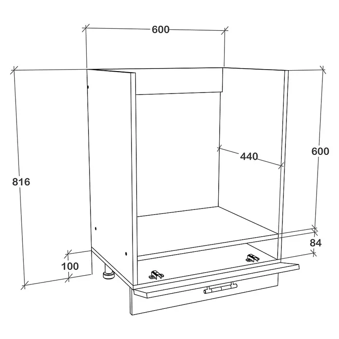 VCM Esilo Geräteumbauschrank mit Schublade - 46 x 60 x 82 cm, Sonoma-Eiche - Produktbild eines Küchenunterschranks mit Schublade, Maße sind angegeben. Ideal für die Küchenplanung und Raumgestaltung.