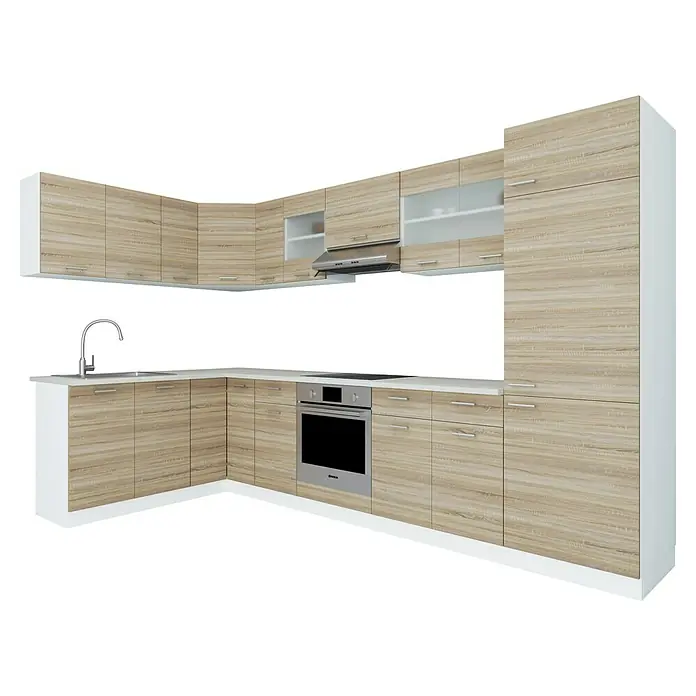 VCM Esilo Küchenleerblock - Breite: 505 cm, San Remo, Ohne Elektrogeräte - Helles Holzdesign für Küchenschränke. Moderne Küche mit Arbeitsplatte, Spüle, Ofen und Dunstabzugshaube. Praktische Stauraumlösung.