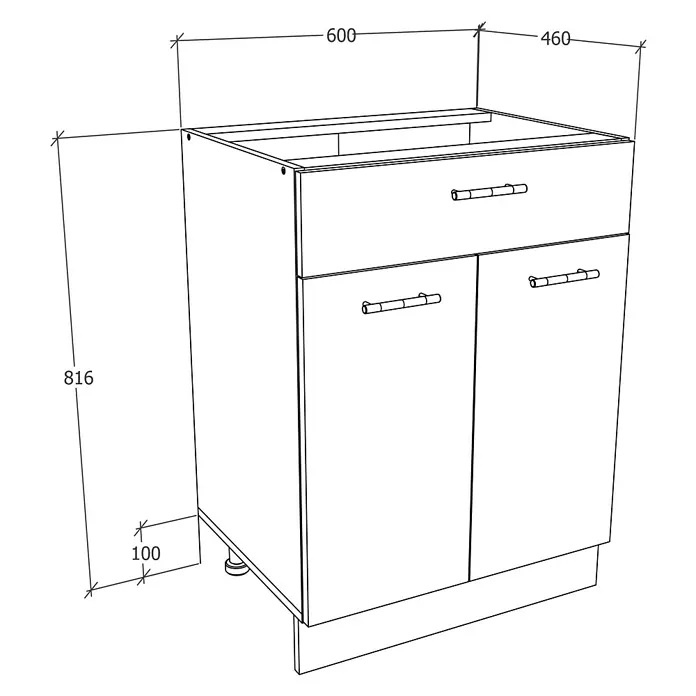 VCM Esilo Unterschrank Typ 4 - L x B x H: 46 x 60 x 82 cm, Sonoma-Eiche - Bild eines Badezimmerschranks mit Schublade und zwei Türen. Die Maße sind angegeben.