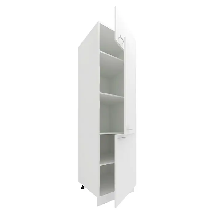 VCM Esilo Hochschrank - 57 x 60 x 207 cm, Weiß - Abbildung eines weißen Hochschranks mit Regalen und zwei offenen Türen mit silbernen Griffen. Viel Stauraum in einem modernen Design.