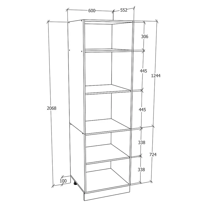 VCM Esilo Hochschrank - 57 x 60 x 207 cm, Weiß - Ein hochformatiges Bild zeigt einen Bücherregal-Schrank in perspektivischer Ansicht mit Maßangaben der Abmessungen.