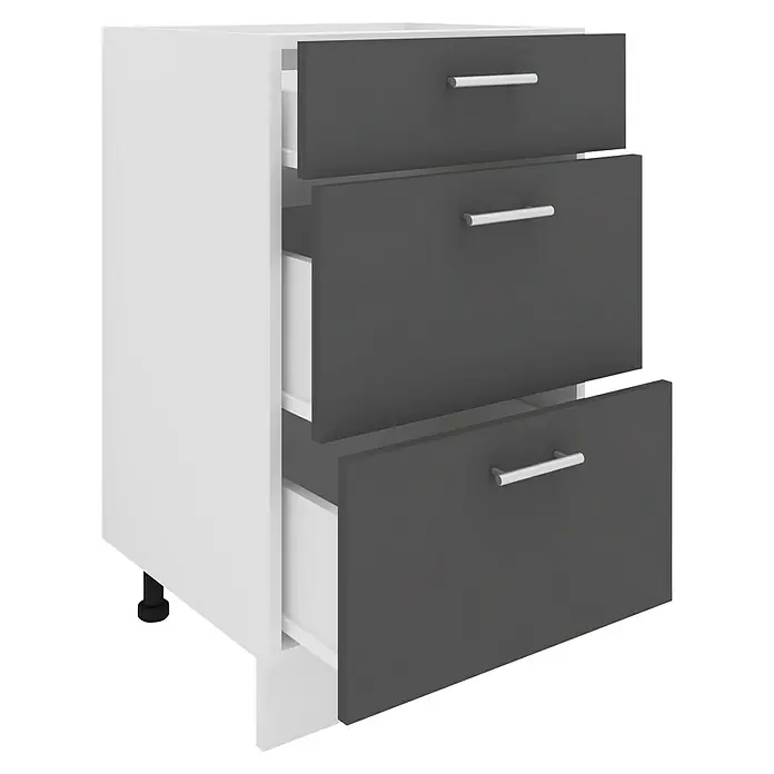 VCM Esilo Unterschrank Typ 3 - 46 x 50 x 82 cm, Anthrazit - Ein weißes Schubladenelement mit drei grauen Schubladen, die teilweise geöffnet sind, bietet Stauraum und modernes Design.