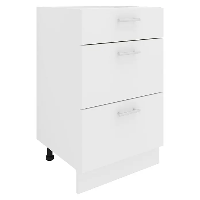 VCM Esilo Unterschrank Typ 3 - 46 x 50 x 82 cm, Weiß - Ein weißer Schrank mit drei Schubladen und silbernen Griffen. Praktisch und stilvoll für jedes Büro oder Arbeitszimmer.