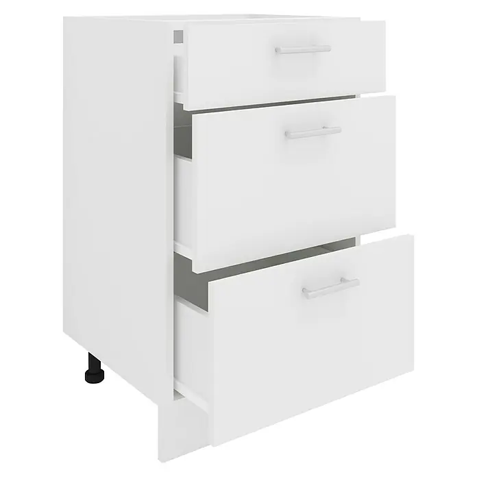 VCM Esilo Unterschrank Typ 3 - 46 x 50 x 82 cm, Weiß - Dieser Schrank verfügt über drei Schubladen mit eleganten Griffen, die teilweise geöffnet sind und Stauraum bieten.