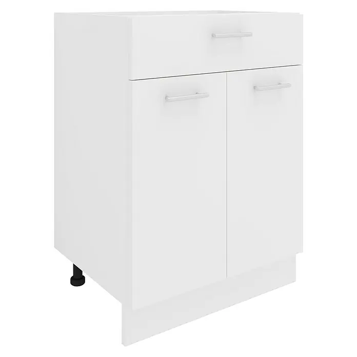 VCM Esilo Unterschrank Typ 4 - L x B x H: 46 x 60 x 82 cm, Weiß - Nahaufnahme eines weißen Unterschranks mit Schublade und zwei Türen mit silbernen Griffen für die Aufbewahrung von Küchenutensilien.