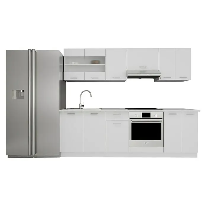 VCM Esilo Küchenleerblock - Breite: 240 cm, Weiß, Ohne Elektrogeräte - Küchenansicht mit großem Kühlschrank, weißen Schränken und eingebautem Ofen. Die Küchenzeile ist modern und funktional gestaltet.