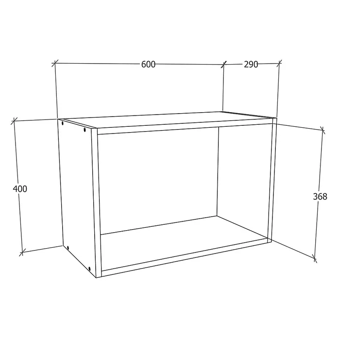 VCM Esilo Hängeschrank - 31 x 60 x 40 cm, Anthrazit - Schematische Darstellung eines offenen Regals mit den Maßen 600 x 290 x 400 mm und einer Tiefe von 368 mm.