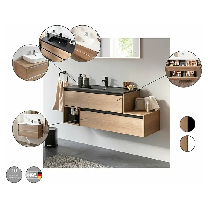 Fackelmann Vita Waschtischunterschrank - B x T x H: 128,5 x 46 x 50 cm, Summer Oak/Schwarz, Offenes Fach links - Ein stilvolles Badezimmer mit einem modernen Waschtisch in Holzoptik mit schwarzer Arbeitsplatte und passenden Accessoires.