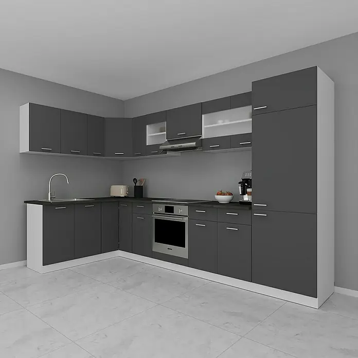 VCM Esilo Küchenleerblock - Breite: 505 cm, Anthrazit, Ohne Elektrogeräte - Elegante, moderne Küche in Grau und Weiß mit integrierten Geräten und viel Stauraum. Ideal für zeitgemäßes Wohnen.