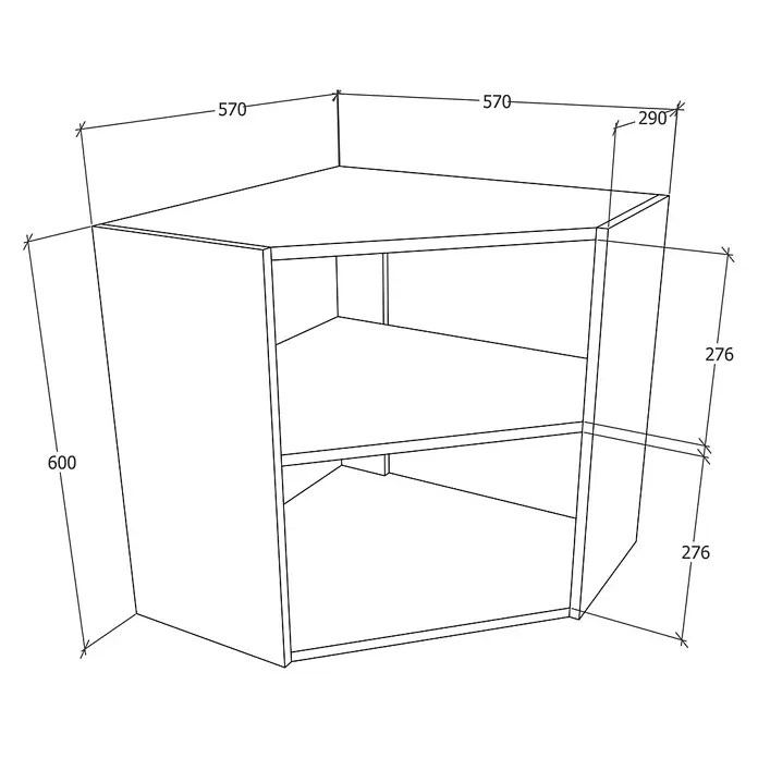 VCM Esilo Küchen-Eck-Hängeschrank - 57 x 57 x 60 cm, Sonoma-Eiche - Abbildung eines Eckschranks mit zwei Ablagen und den Maßen 570 x 570 x 290 mm (Breite x Tiefe x Höhe), Seitenhöhe 600 mm.