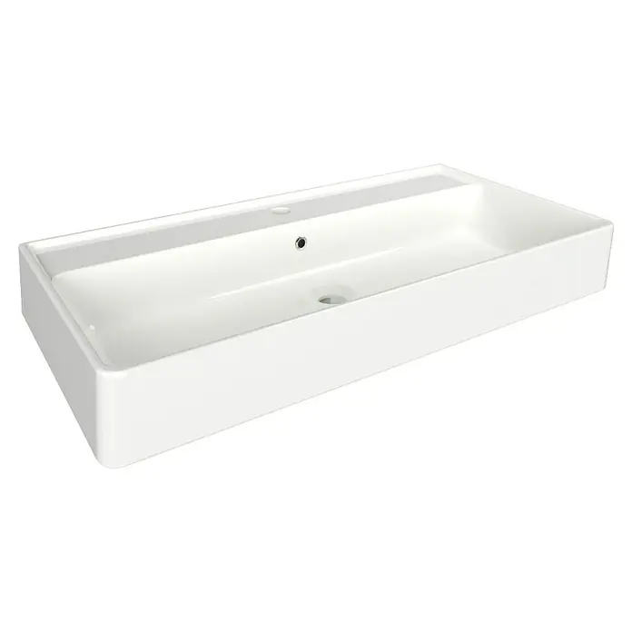 Fackelmann Aufsatzwaschbecken VAIDA - B x L: 81 x 41 cm, Keramik, Hahnloch: Mitte, Mit Überlauf, Weiß - Ein helles, rechteckiges Waschbecken aus Keramik mit Überlauf und Hahnloch, perfekt für ein modernes Badezimmerdesign.
