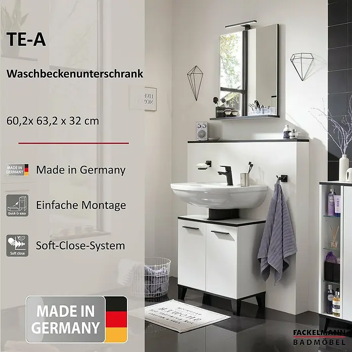 Fackelmann TE-A Waschbeckenunterschrank - Breite: 60,2 cm, Höhe: 63,2 cm, Weiß - Produktbild: Waschbeckenunterschrank TE-A in Weiß mit stilvollem Design und praktischen Maßen für Ihr Badezimmer.