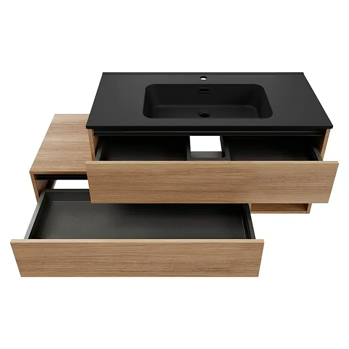 Fackelmann Vita Waschtischunterschrank - B x T x H: 128,5 x 46 x 50 cm, Summer Oak/Schwarz, Offenes Fach rechts - Waschbeckenunterschrank mit Holzfronten und schwarzem Aufsatzwaschbecken. Praktisches und modernes Design für das Badezimmer.