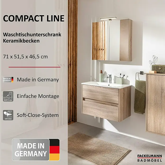 Fackelmann Compact Line Badmöbel-Set - Gesamtbreite Badmöbel: 71 cm, Sonoma-Eiche-Optik, Matt, Anzahl Schubladen: 2 Stk. - Bild einer Waschtischkombination Compact Line in hellem Holzdekor mit Keramikbecken und Spiegelschrank.