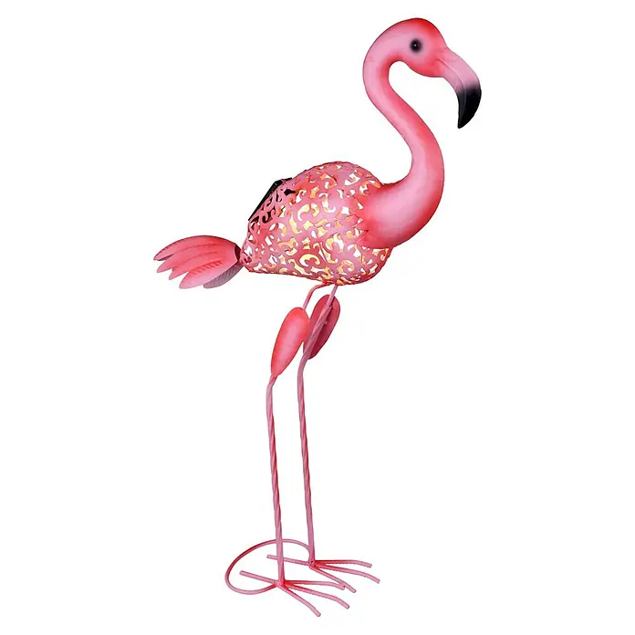 Globo Solar-Dekoleuchte Flamingo - 0,06 W, L x B x H: 340 x 160 x 740 mm, Pink, IP44 - Ein dekorativer, rosafarbener Flamingo als Gartenfigur mit filigranen Ausschnitten am Körper, die ein warmes Lichtspiel erzeugen.