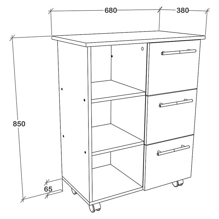 VCM Esilo Servierwagen - L x B x H: 38 x 68 x 85 cm, Weiß - Abbildung eines Rollcontainers mit Schubladen und Regalfächern. Die Maße sind angegeben.\n