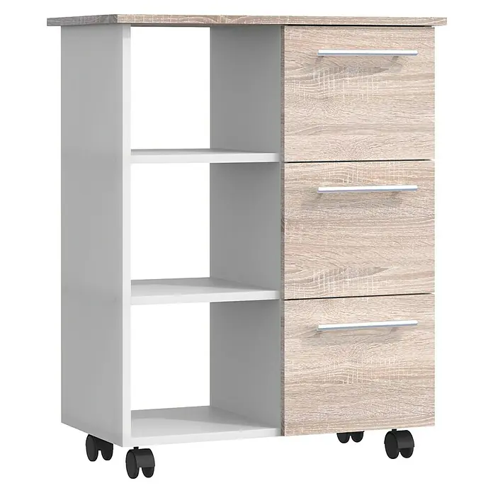 VCM Esilo Servierwagen - L x B x H: 38 x 68 x 85 cm, Sonoma-Eiche - Mobiles Küchenregal mit Schubladen und Regalen in Weiß- und Holzoptik, ideal für zusätzliche Aufbewahrung in der Küche.