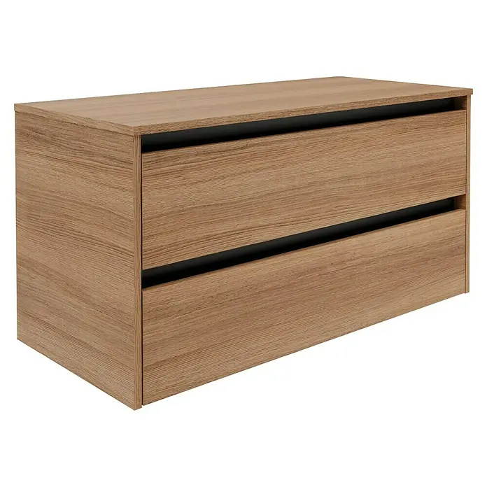 Fackelmann Vita Waschtischunterschrank - B x T x H: 100,4 x 46,5 x 51,6 cm, Summer Oak/Schwarz - Nahaufnahme eines Holzschrankes mit zwei Schubladen, ideal für Badezimmer oder andere Aufbewahrungszwecke. Stilvolles und praktisches Möbelstück.