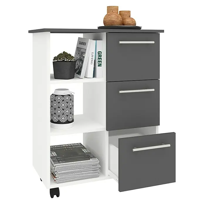 VCM Esilo Servierwagen - L x B x H: 38 x 68 x 85 cm, Anthrazit - Ein stilvolles graues und weißes Sideboard mit Schubladen und Regalen zur Aufbewahrung und Präsentation von Dekoartikeln.
