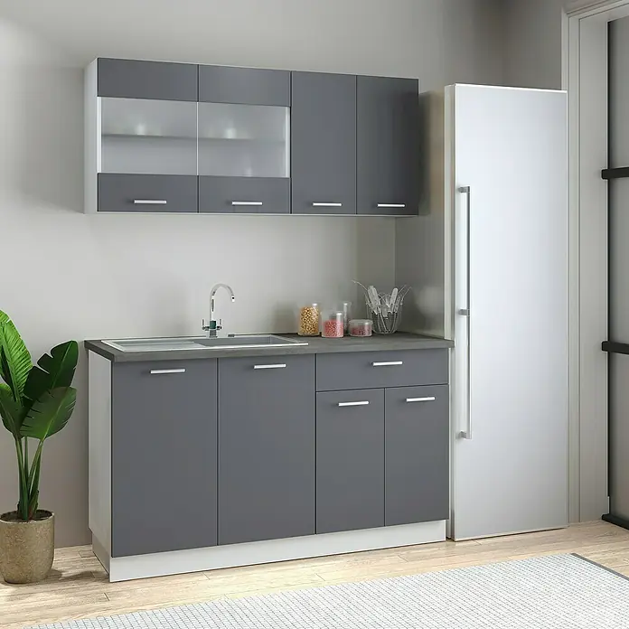 VCM Esilo Küchenleerblock - Breite: 140 cm, Anthrazit, Ohne Elektrogeräte - Küchenzeile in Grau und Weiß mit Spüle, Hängeschränken und Kühlschrank für moderne Küchengestaltung.