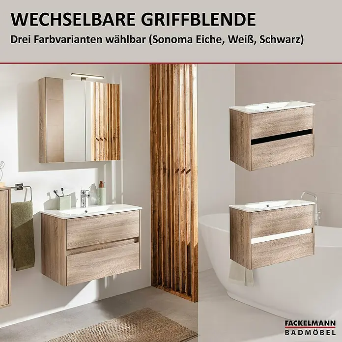 Fackelmann Compact Line Badmöbel-Set - Gesamtbreite Badmöbel: 71 cm, Sonoma-Eiche-Optik, Matt, Anzahl Schubladen: 2 Stk. - Produktbild eines Badezimmersets mit Waschtischunterschrank in Sonoma Eiche, wahlweise mit Griffblenden in Weiß oder Schwarz.