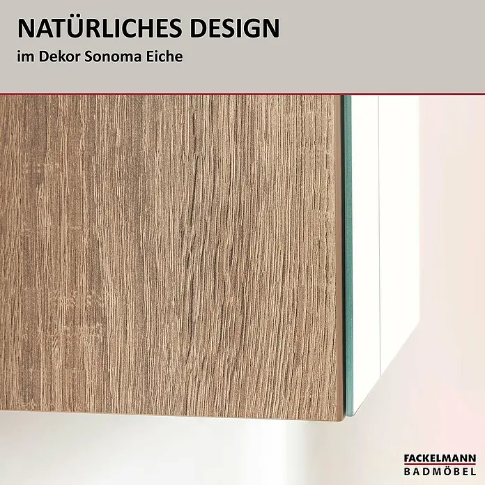 Fackelmann Compact Line Spiegelschrank - B x H: 70 cm x 68 mm, Sonoma Eiche - Detailaufnahme eines Badezimmermöbels im Dekor Sonoma Eiche von Fackelmann, das natürliches Design in Ihr Bad bringt.