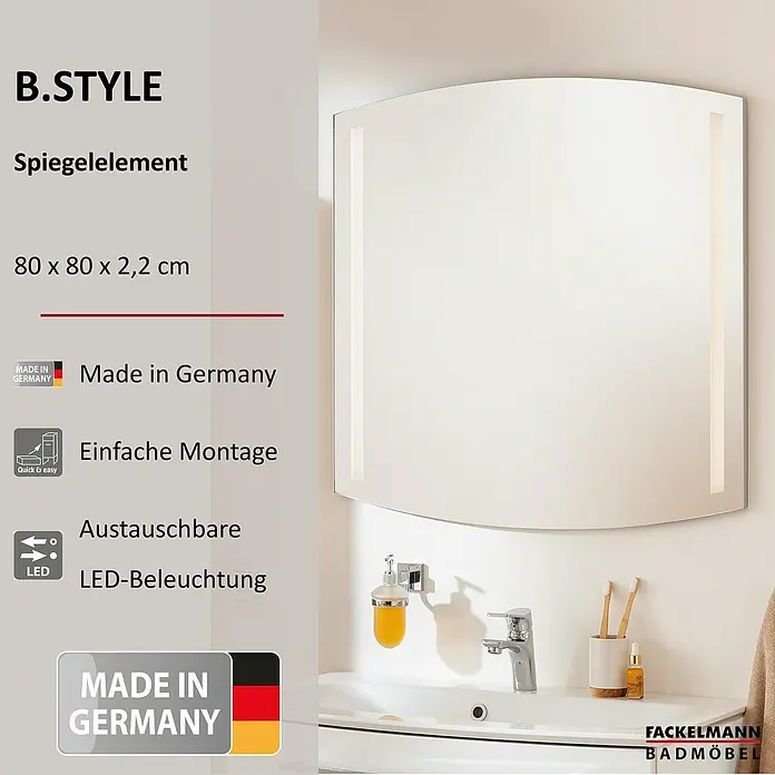 Fackelmann B.style LED-Lichtspiegel - B x H: 80 x 80 cm, Einfacher Anschluss über Schraubklemme, Oval - Bild eines beleuchteten B.Style Spiegelelements mit den Maßen 80 x 80 x 2,2 cm, inklusive LED-Beleuchtung und einfacher Montage.