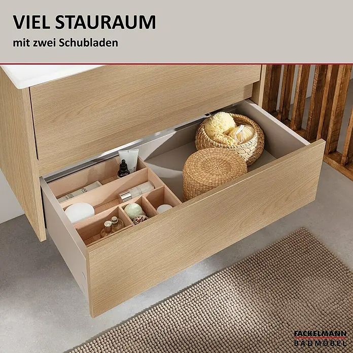 Fackelmann Compact Line Badmöbel-Set - Gesamtbreite Badmöbel: 71 cm, Lindberg-Eiche-Optik, Matt, Anzahl Schubladen: 2 Stk. - Badezimmermöbel von Fackelmann mit viel Stauraum dank der zwei Schubladen, die mit Körben und Badezimmerartikeln gefüllt sind.