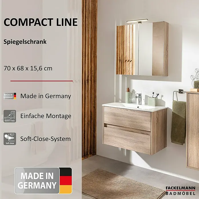 Fackelmann Compact Line Spiegelschrank - B x H: 70 cm x 68 mm, Sonoma Eiche - Produktabbildung des modernen Compact Line Spiegelschrankes in Holzoptik, ideal für jedes Badezimmer.