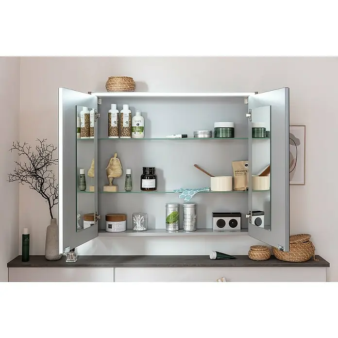 Fackelmann Verona LED-Spiegelschrank - 80 x 68,3 cm, Weiß - Geräumiger Spiegelschrank mit Glasböden, beleuchteten Kanten, Hautpflegeprodukten, Kosmetika und dekorativen Artikeln, die ein stilvolles Badezimmerambiente schaffen.