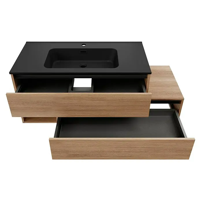 Fackelmann Vita Waschtischunterschrank - B x T x H: 128,5 x 46 x 50 cm, Summer Oak/Schwarz, Offenes Fach links - Moderner Waschtischunterschrank mit offenen Schubladen in Holzoptik und schwarzem Becken. Elegantes Design für jedes Badezimmer.