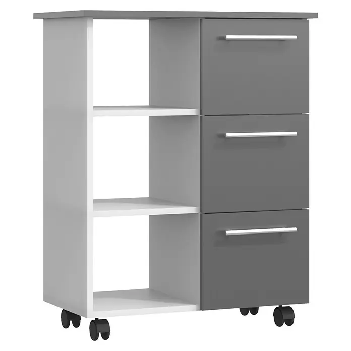 VCM Esilo Servierwagen - L x B x H: 38 x 68 x 85 cm, Anthrazit - Mobiles Küchenregal mit drei grauen Schubladen und drei weißen offenen Regalen, ideal für zusätzlichen Stauraum.