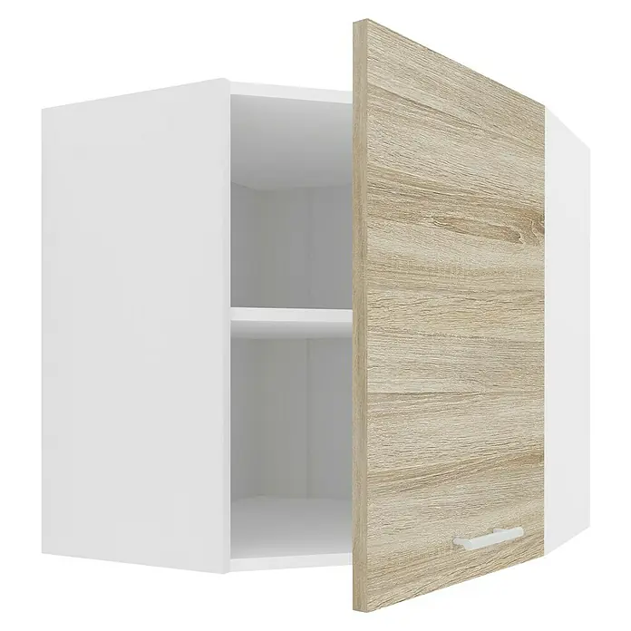 VCM Esilo Küchen-Eck-Hängeschrank - 57 x 57 x 60 cm, Sonoma-Eiche - Eine Nahaufnahme eines weißen Hängeschranks mit einer Holztür, der Stauraum und einen stilvollen Akzent für die Einrichtung bietet.