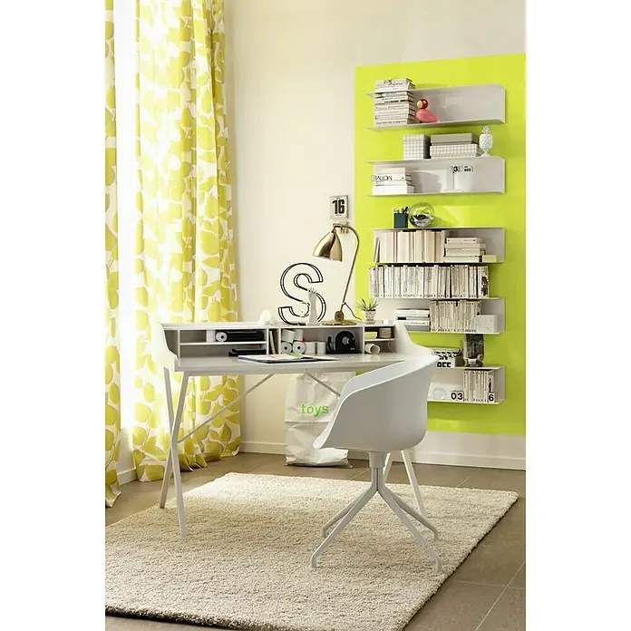 SCHÖNER WOHNEN-Farbe Wandfarbe Trendfarbe - Fresh, Matt, 2,5 l, Konservierungsmittelfrei - Ein stilvoller Schreibtisch mit Regalen, ideal für ein modernes Arbeitszimmer oder Kinderzimmer. Der weiße Schreibtisch bietet viel Arbeitsfläche.