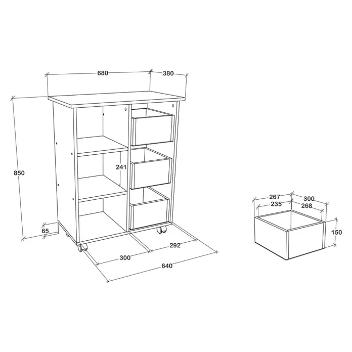 VCM Esilo Servierwagen - L x B x H: 38 x 68 x 85 cm, Weiß - Illustration eines Apothekerschranks mit Schubladen auf Rollen, inklusive Maßangaben der Schrank- und Schubladenteile.