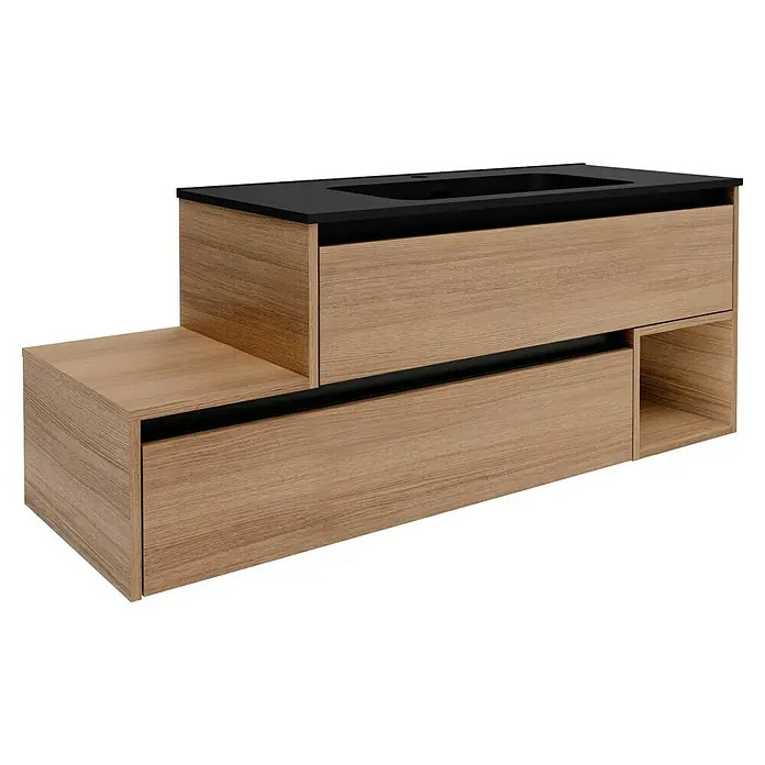 Fackelmann Vita Waschtischunterschrank - B x T x H: 128,5 x 46 x 50 cm, Summer Oak/Schwarz, Offenes Fach rechts - Moderner Waschtischunterschrank in Holzoptik mit schwarzer Arbeitsplatte und praktischen Schubladen für das Badezimmer.