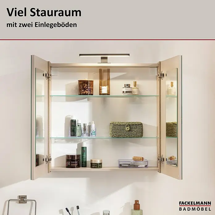 Fackelmann Compact Line Spiegelschrank - B x H: 70 cm x 68 mm, Sonoma Eiche - Ein geräumiger Spiegelschrank von Fackelmann mit zwei Einlegeböden bietet viel Stauraum für Badutensilien und Kosmetikartikel.