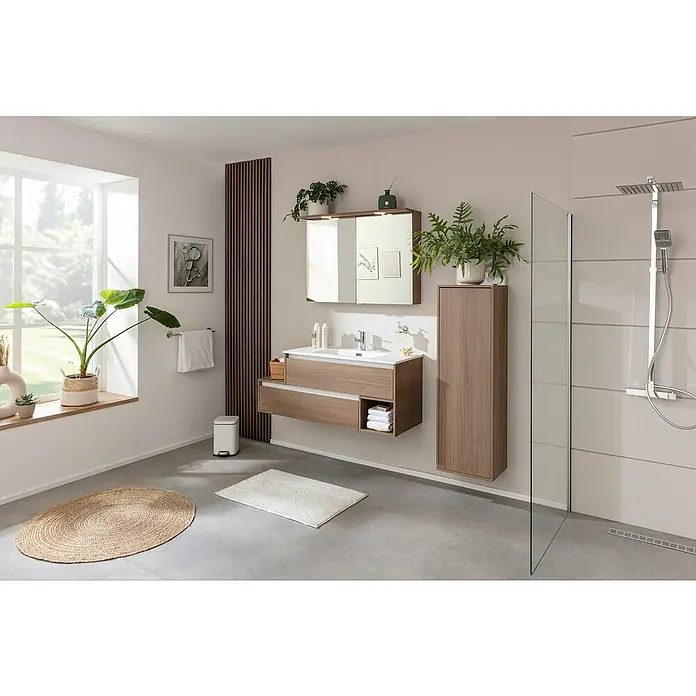 Fackelmann Vita Einbauwaschbecken - 101 x 46,5 cm, Hahnloch: Mitte, Mit Überlauf, Weiß - Ein modernes Badezimmer mit Waschtischunterschrank, Spiegelschrank, Hochschrank und Dusche. Helle und freundliche Atmosphäre.