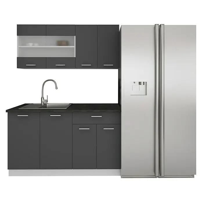 VCM Esilo Küchenleerblock - Breite: 140 cm, Anthrazit, Ohne Elektrogeräte - Küchenzeile mit Spüle, grauen Schränken und einem großen, modernen Kühlschrank. Das elegante Design integriert Funktionalität und Stil.
