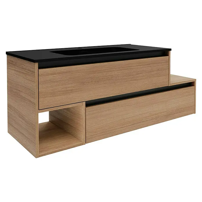 Fackelmann Vita Waschtischunterschrank - B x T x H: 128,5 x 46 x 50 cm, Summer Oak/Schwarz, Offenes Fach links - Ein moderner Waschtischunterschrank in Holzoptik mit schwarzer Arbeitsplatte und Schubladen bietet stilvollen Stauraum im Badezimmer.