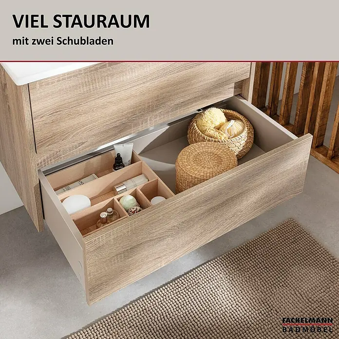 Fackelmann Compact Line Badmöbel-Set - Gesamtbreite Badmöbel: 71 cm, Sonoma-Eiche-Optik, Matt, Anzahl Schubladen: 2 Stk. - Badezimmermöbel mit Schubladen für viel Stauraum. Der Waschtischunterschrank bietet Platz für Badutensilien und Kosmetikartikel.