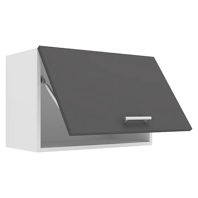 VCM Esilo Hängeschrank - 31 x 60 x 40 cm, Anthrazit - Ein grauer Küchenschrank mit weißem Rahmen ist an der Oberseite geöffnet, mit einem praktischen Griff für einfachen Zugang.