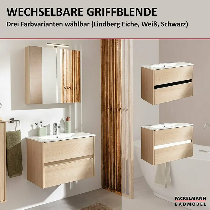 Fackelmann Compact Line Badmöbel-Set - Gesamtbreite Badmöbel: 71 cm, Lindberg-Eiche-Optik, Matt, Anzahl Schubladen: 2 Stk. - Badezimmermöbel-Set mit Waschtischunterschrank, Spiegelschrank und verschiedenen Griffvarianten in Lindberg Eiche, Weiß und Schwarz.