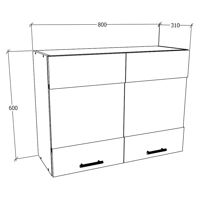 VCM Esilo Glas-Hängeschrank - 31 x 80 x 60 cm, Sonoma-Eiche - Abbildung eines Hängeschranks mit vier Türen und Griffen, mit Maßangaben. Das Möbelstück ist schlicht und funktional gestaltet.