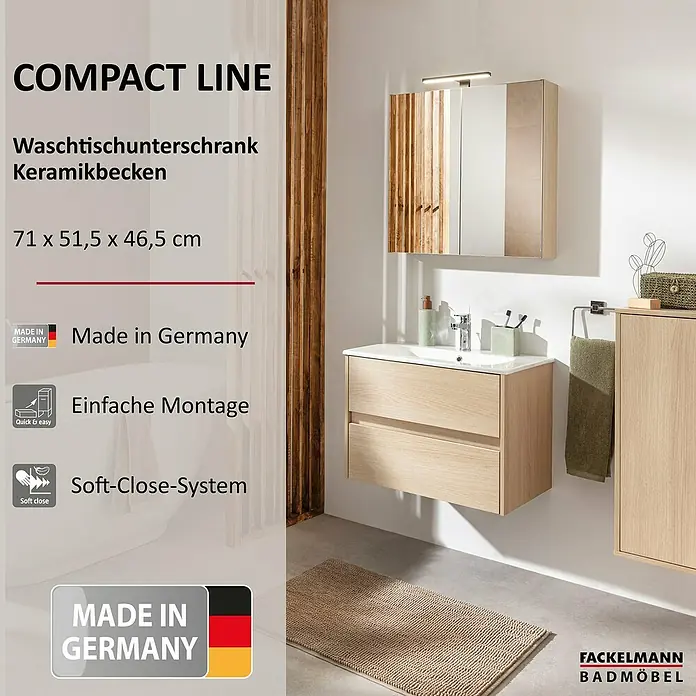 Fackelmann Compact Line Badmöbel-Set - Gesamtbreite Badmöbel: 71 cm, Lindberg-Eiche-Optik, Matt, Anzahl Schubladen: 2 Stk. - Bild eines modernen Waschtischunterschranks mit Keramikbecken, Teil der Compact Line von Fackelmann Badmöbel.